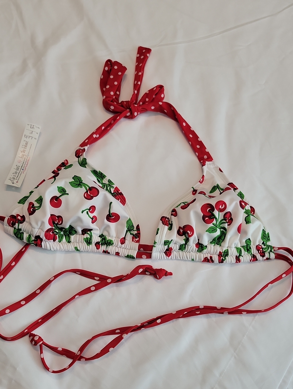 White Cherry Print Halter Bikini Top with Red Polka Dot Ties